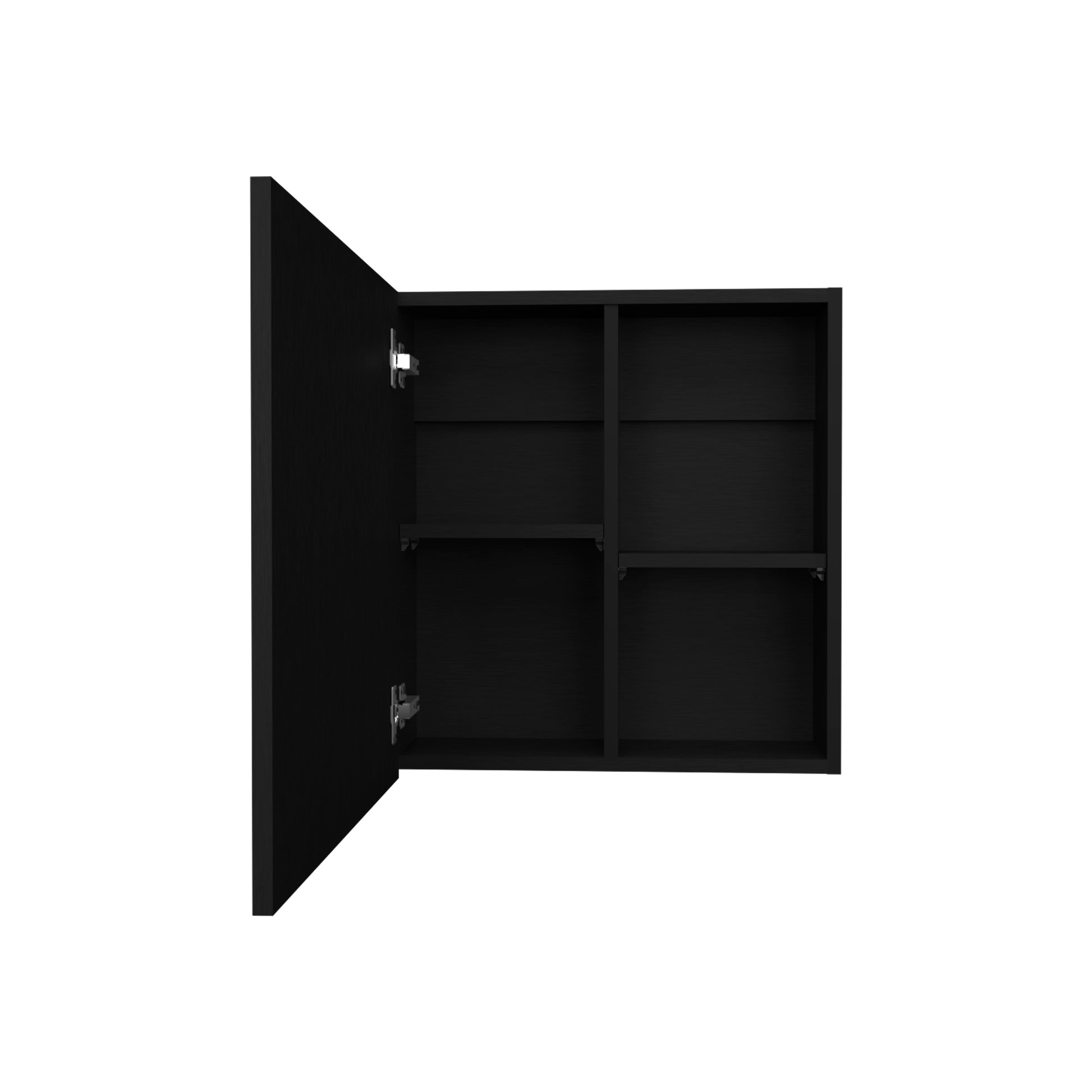 Modern black wall cabinet with open door revealing four spacious compartments ideal for storage