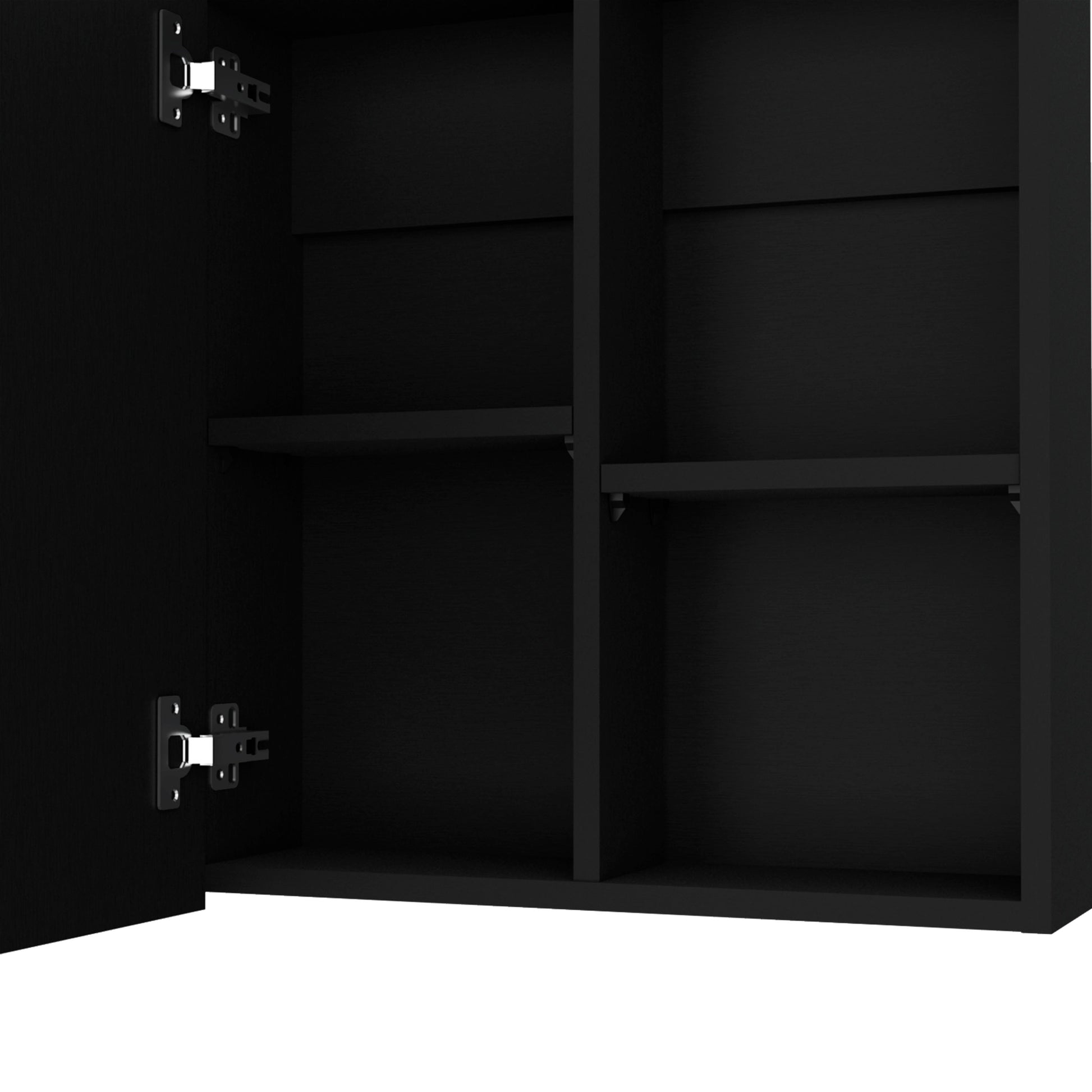Modern black kitchen cabinet with adjustable shelves and visible chrome hinges