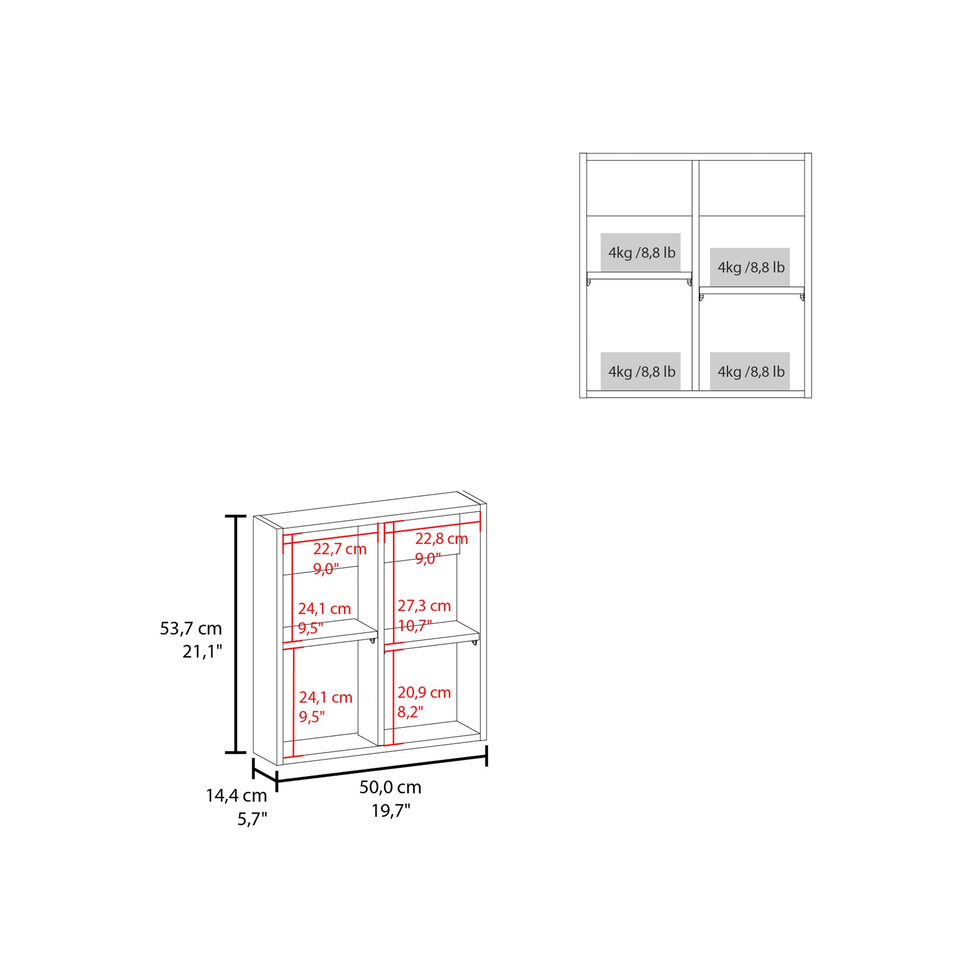 Line drawing of a white bookshelf with dimensions showing  cubbies