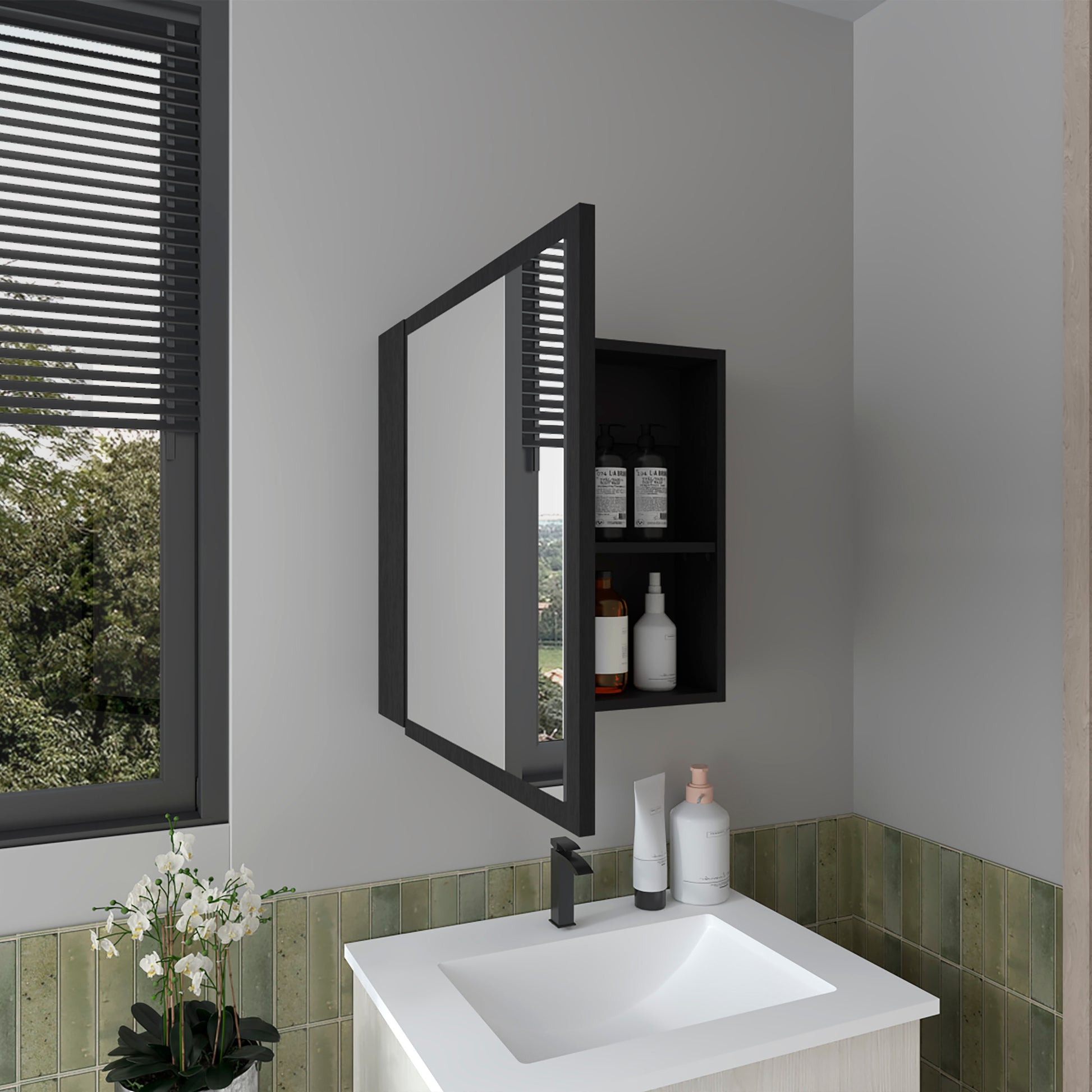 Modern black medicine cabinet with mirrored door and internal shelving for bathroom storage
