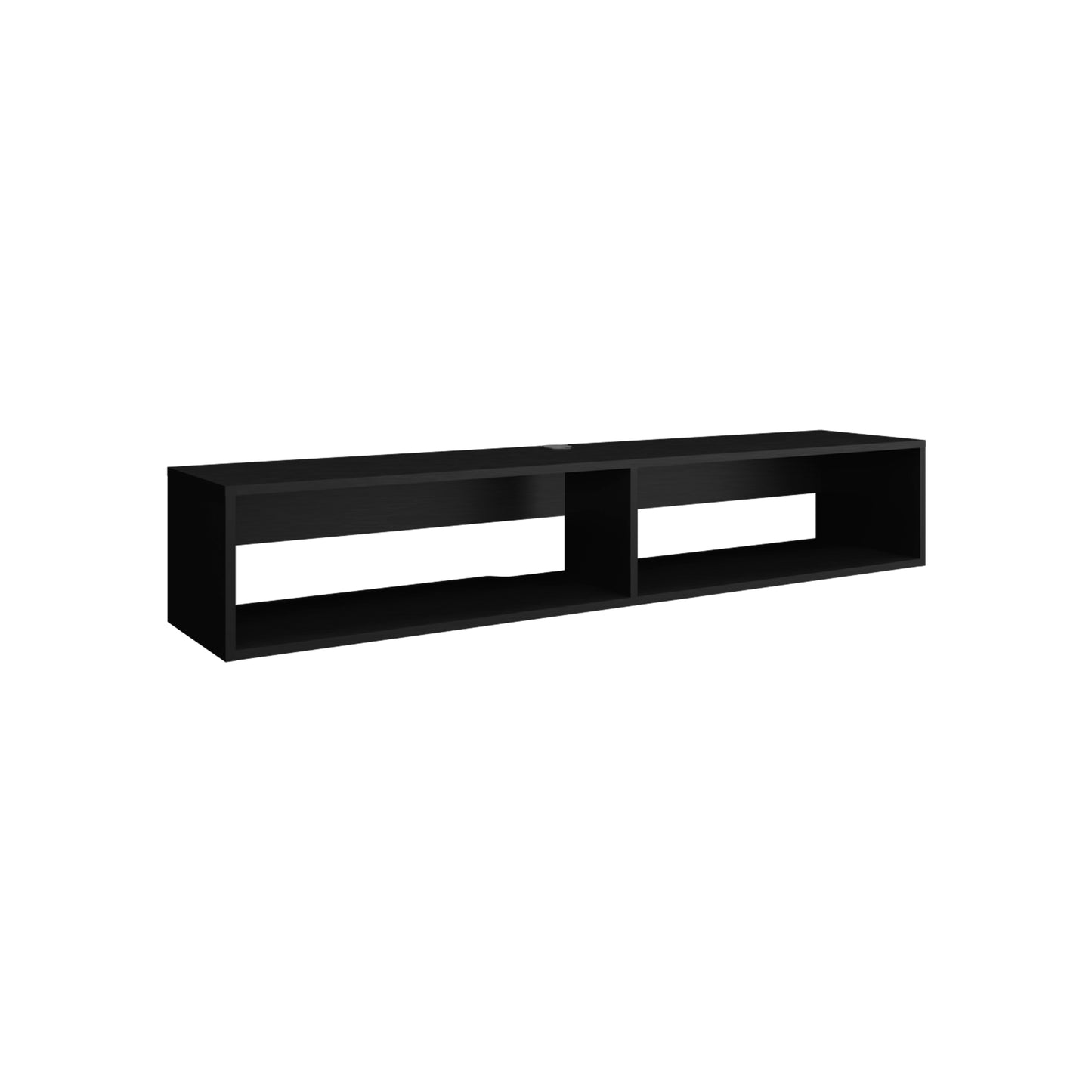 Sleek black wallmounted TV stand with two open compartments for media consoles
