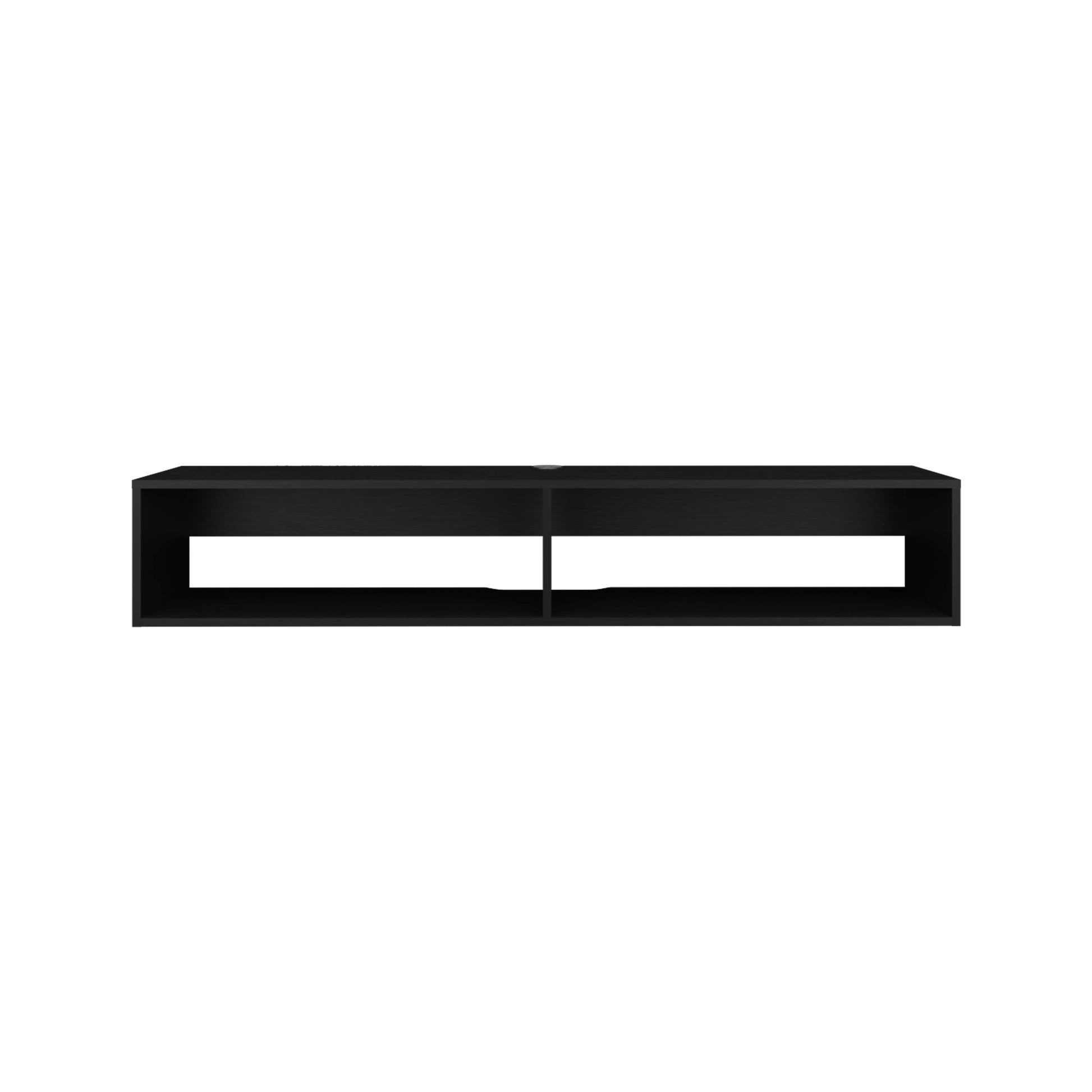 Sleek black minimalist floating media console with two open shelves