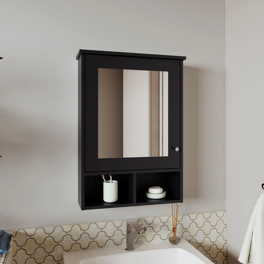 Modern black medicine cabinet with mirrored door and open shelf storage
