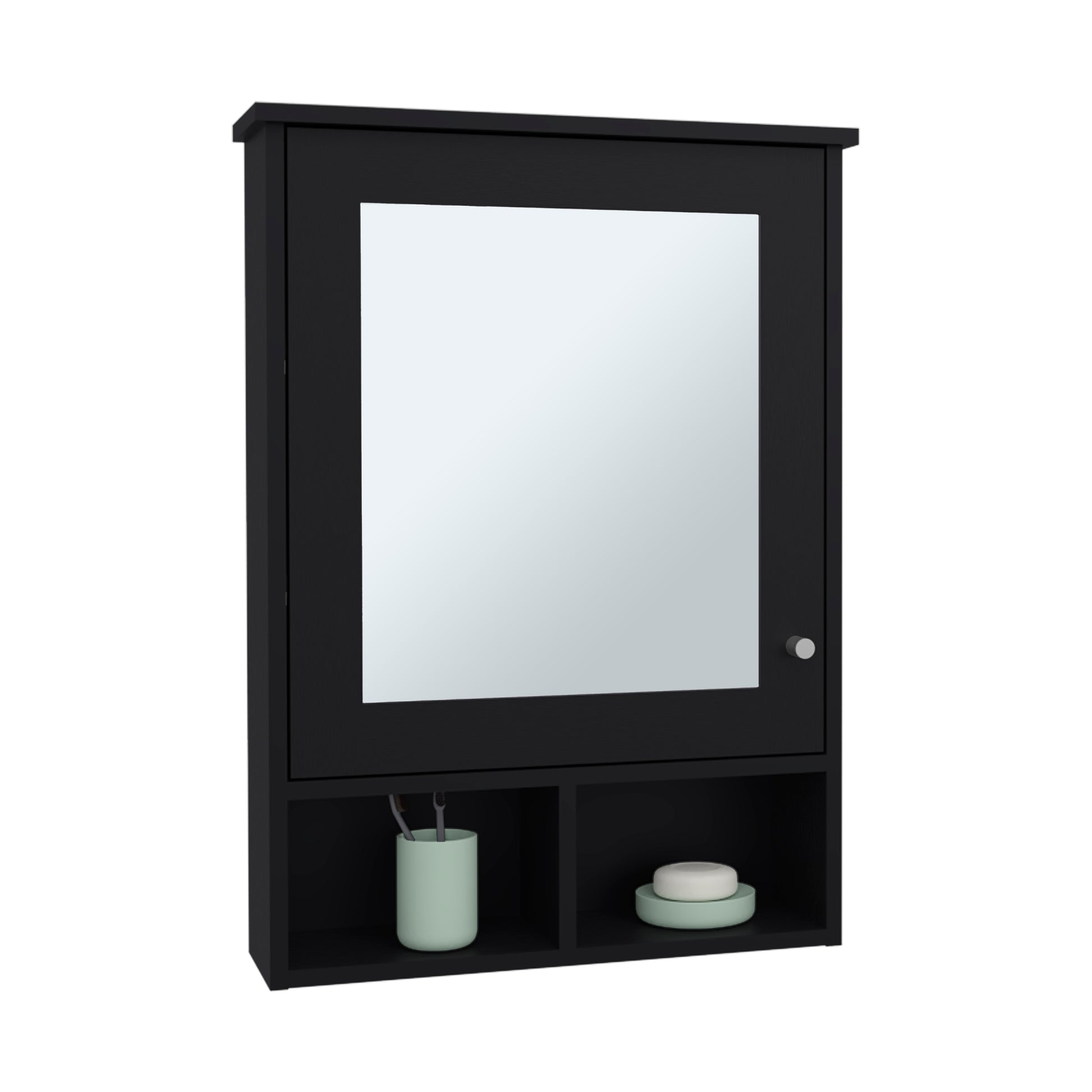 Sleek black modern medicine cabinet with mirrored door and open shelving for bathroom storage