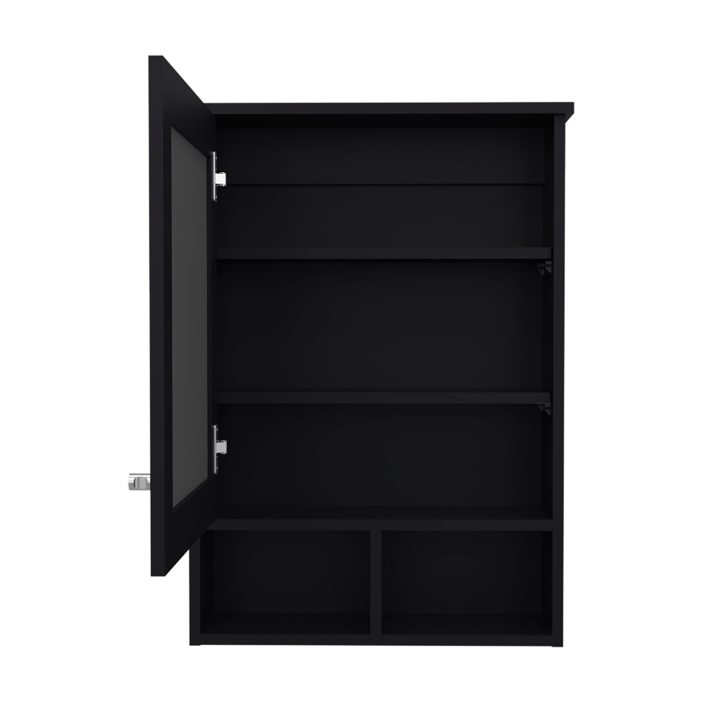 Modern black wallmounted medicine cabinet with open door and internal shelves