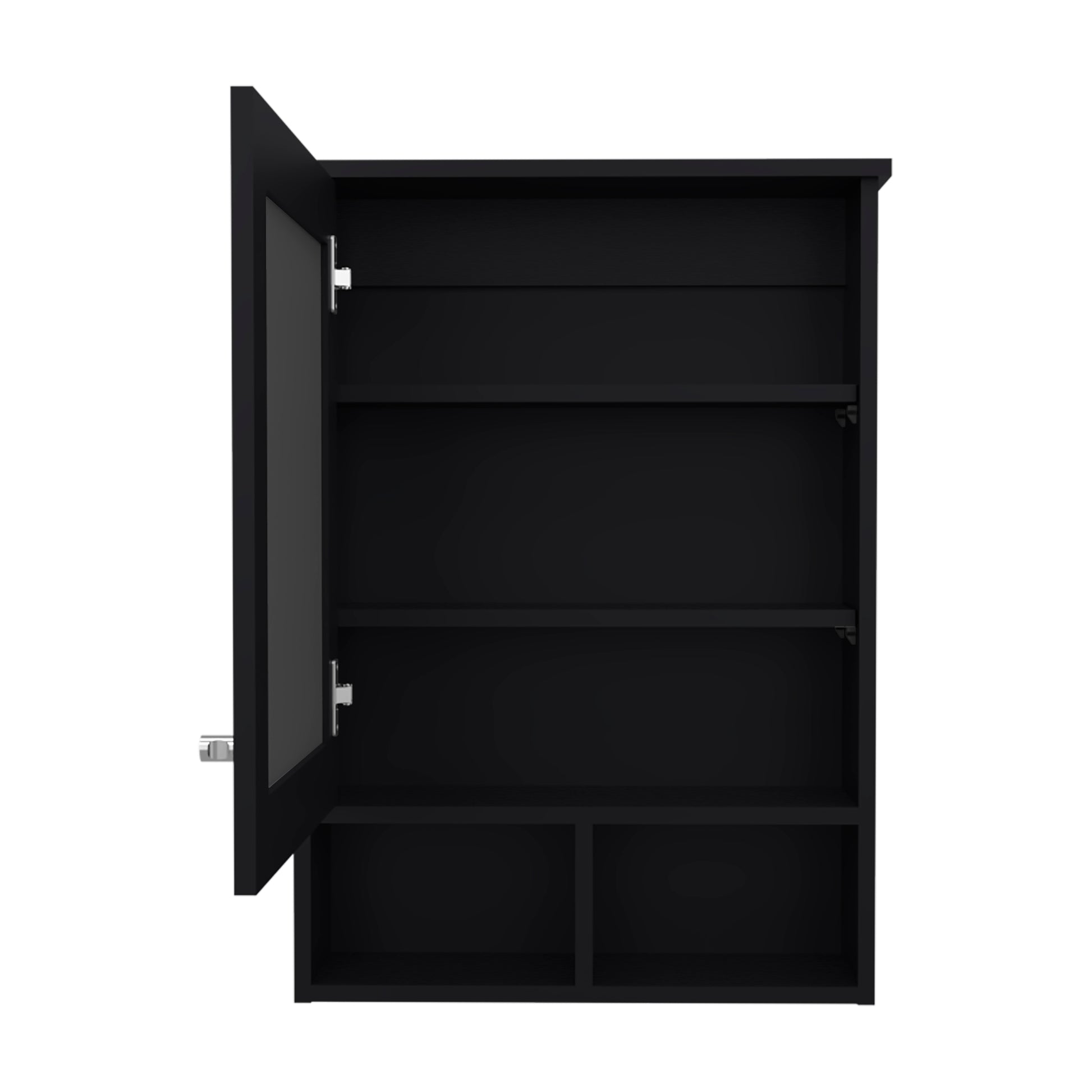 Modern black wallmounted medicine cabinet with open door and internal shelves