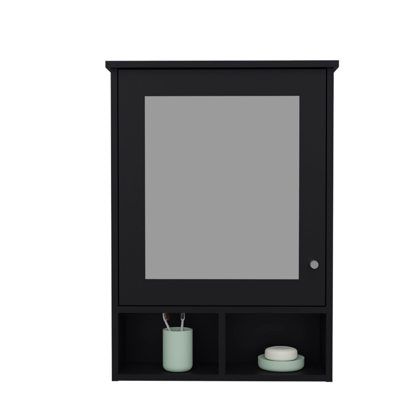 Modern black medicine cabinet with mirrored door and open shelving below for bathroom storage