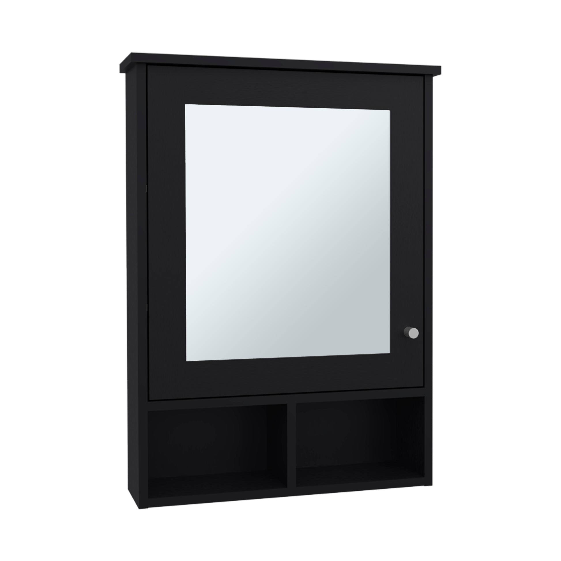 Black modern medicine cabinet with mirrored door and open shelving