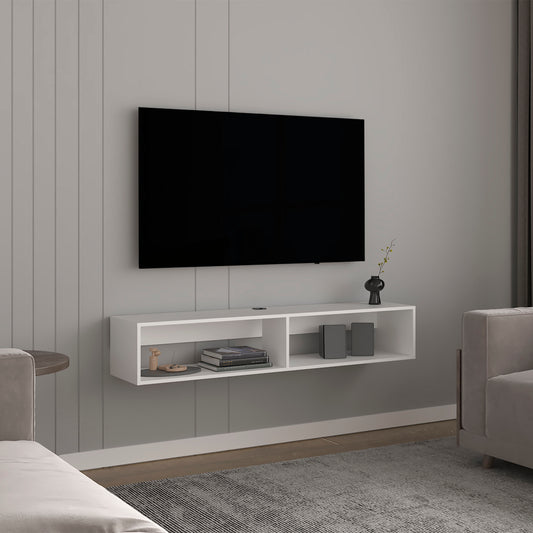 White floating media console with two open shelves holding books and speakers