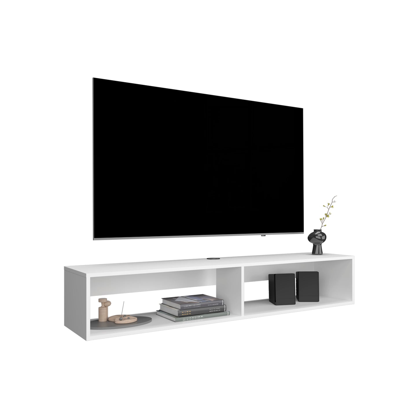 Modern white floating tv stand with two compartments and integrated shelving