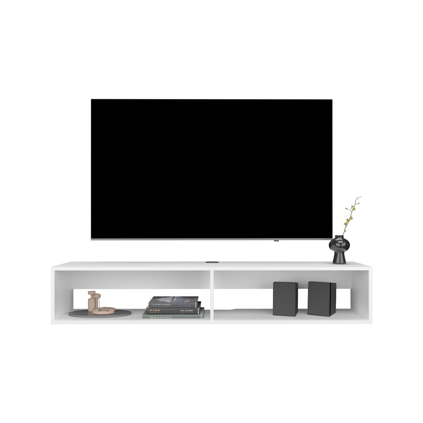 Sleek white floating TV stand with dual open shelves perfect for media consoles