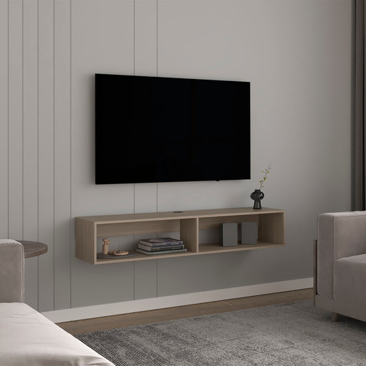 Floating oak media console with two open compartments and decorative items