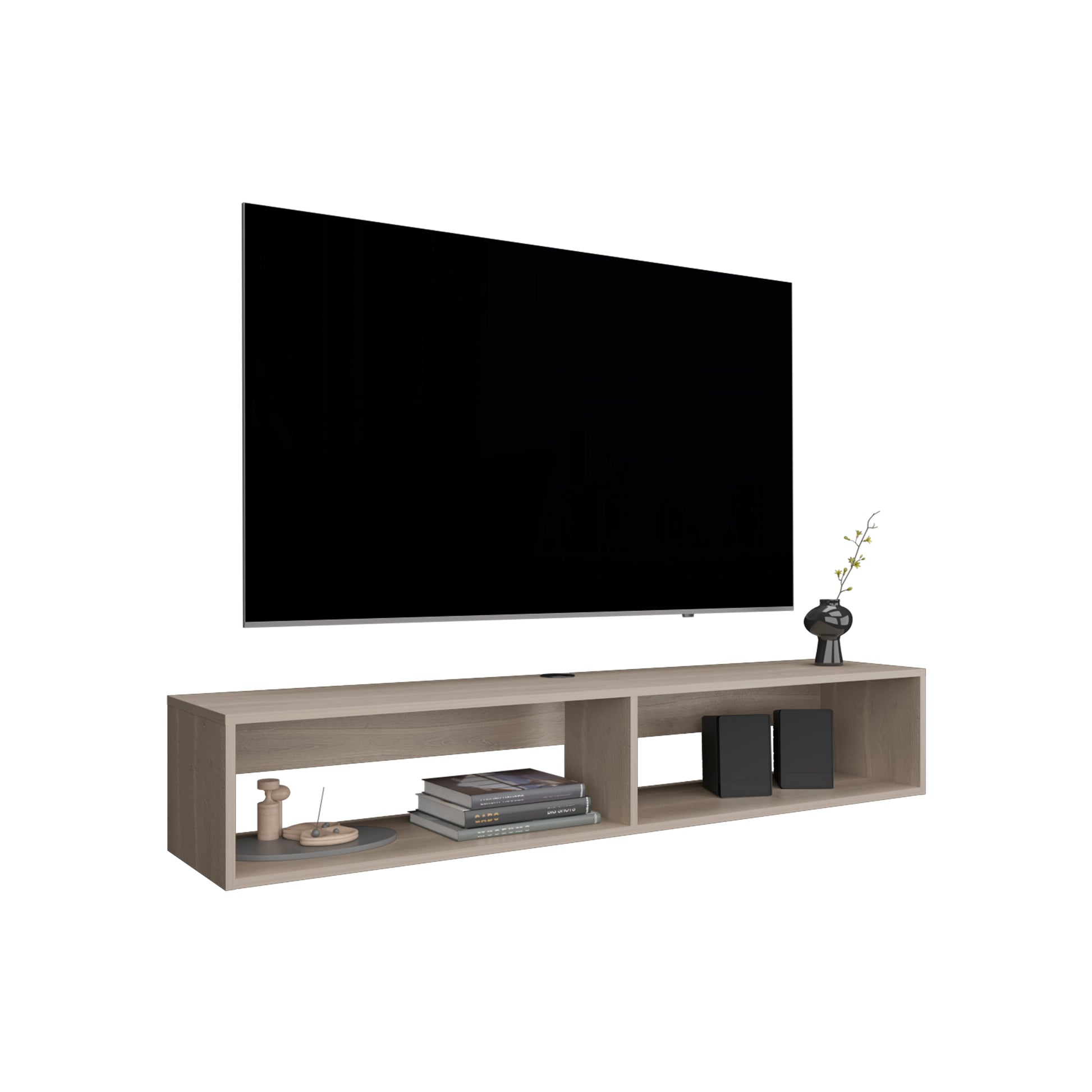 Light oak floating tv stand with open shelves displaying books and speakers