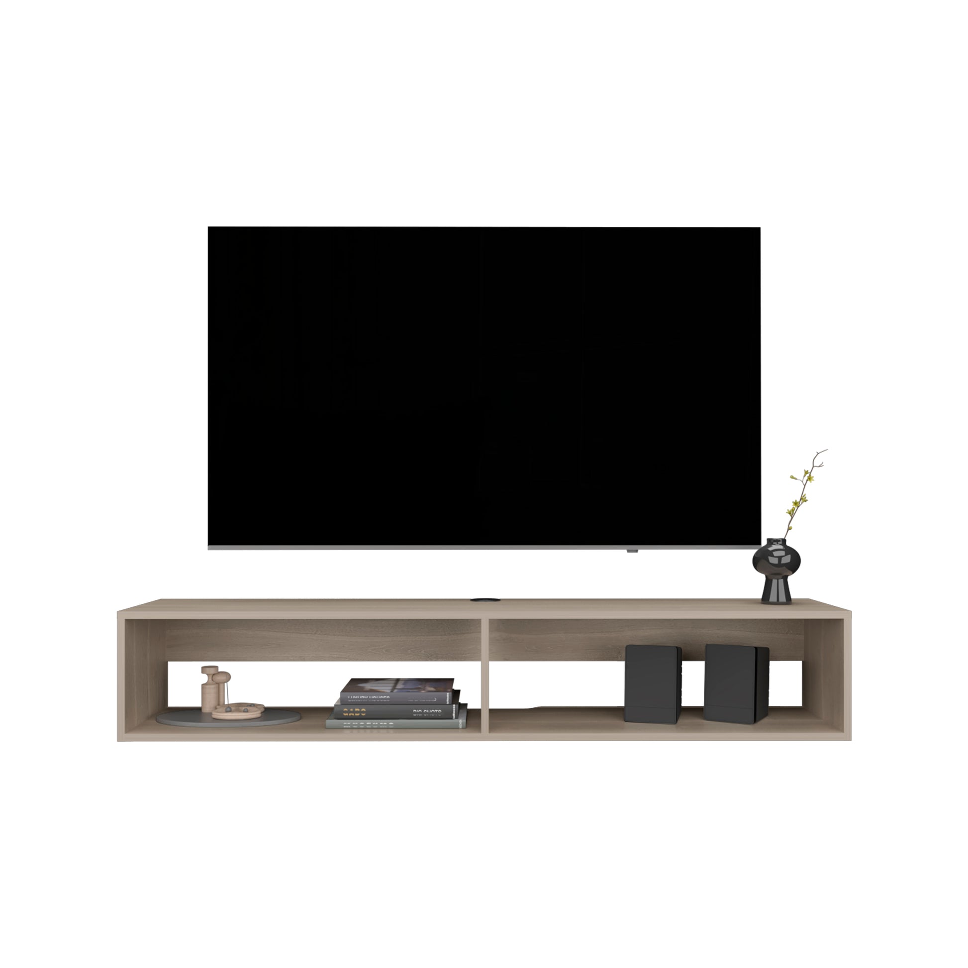 Modern floating TV stand in light oak finish with dual compartments perfect for media consoles