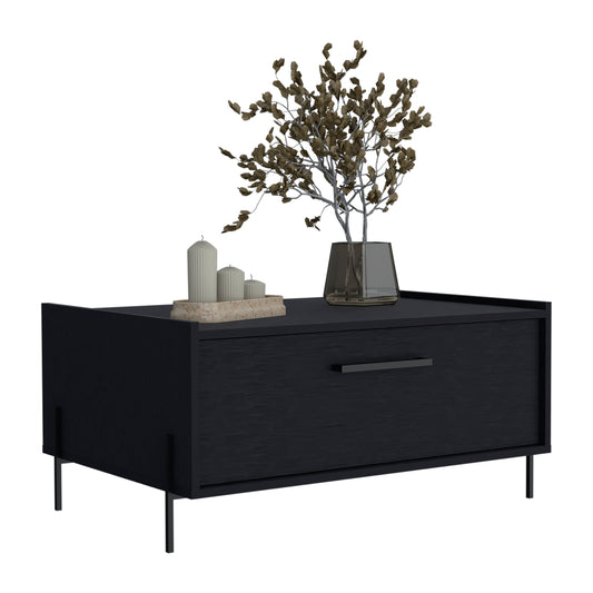 Black minimalist nightstand with textured wood finish and single drawer