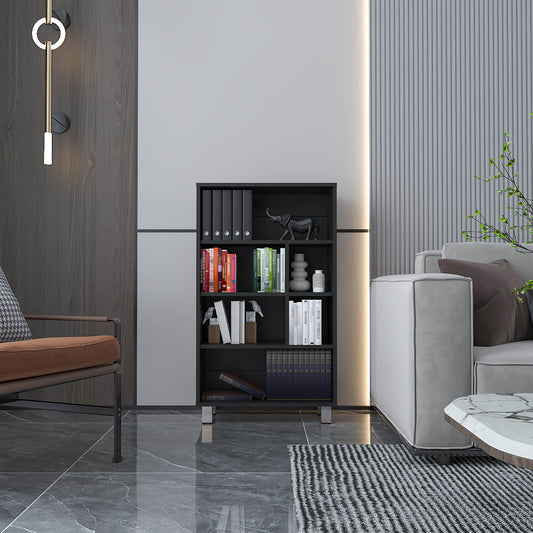 Modern black bookshelf with multiple shelves displaying books and decorative items for home organization