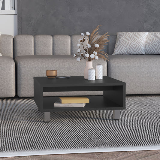 Sleek black coffee table with open shelf and silver legs perfect for modern living rooms