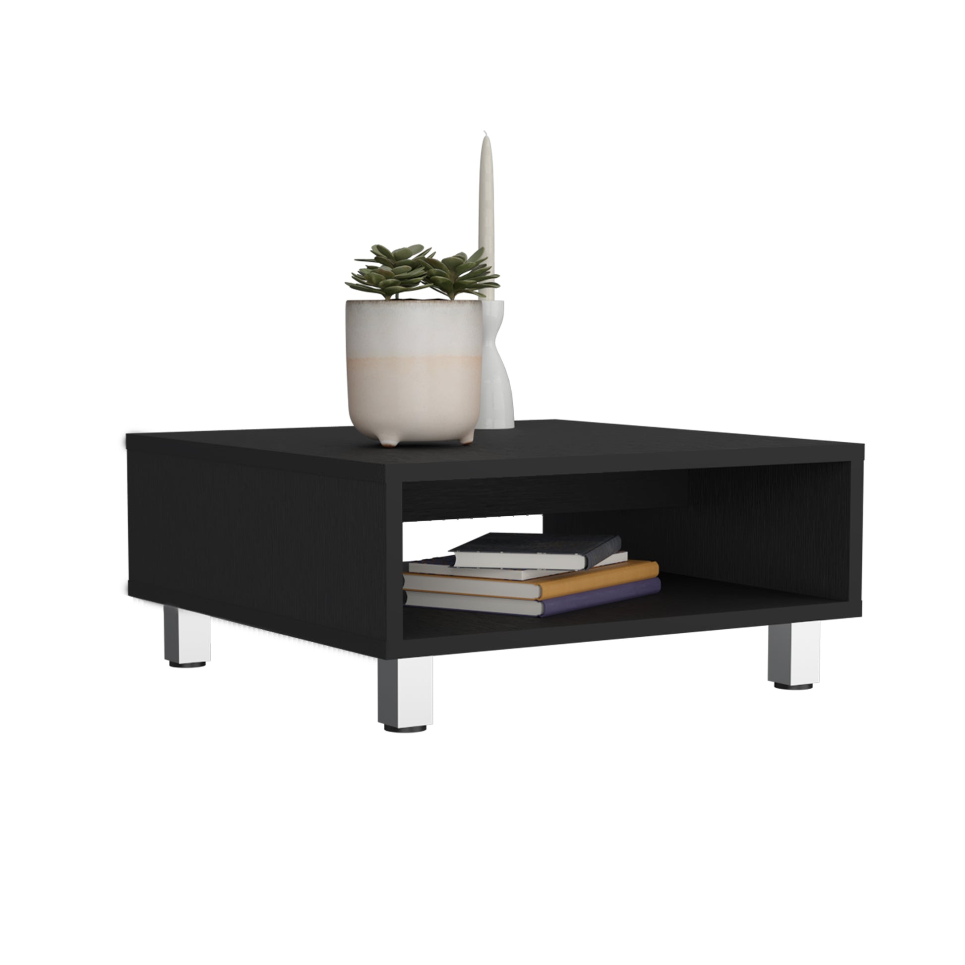 Sleek black bedside table with open shelving and silver legs perfect for modern living rooms