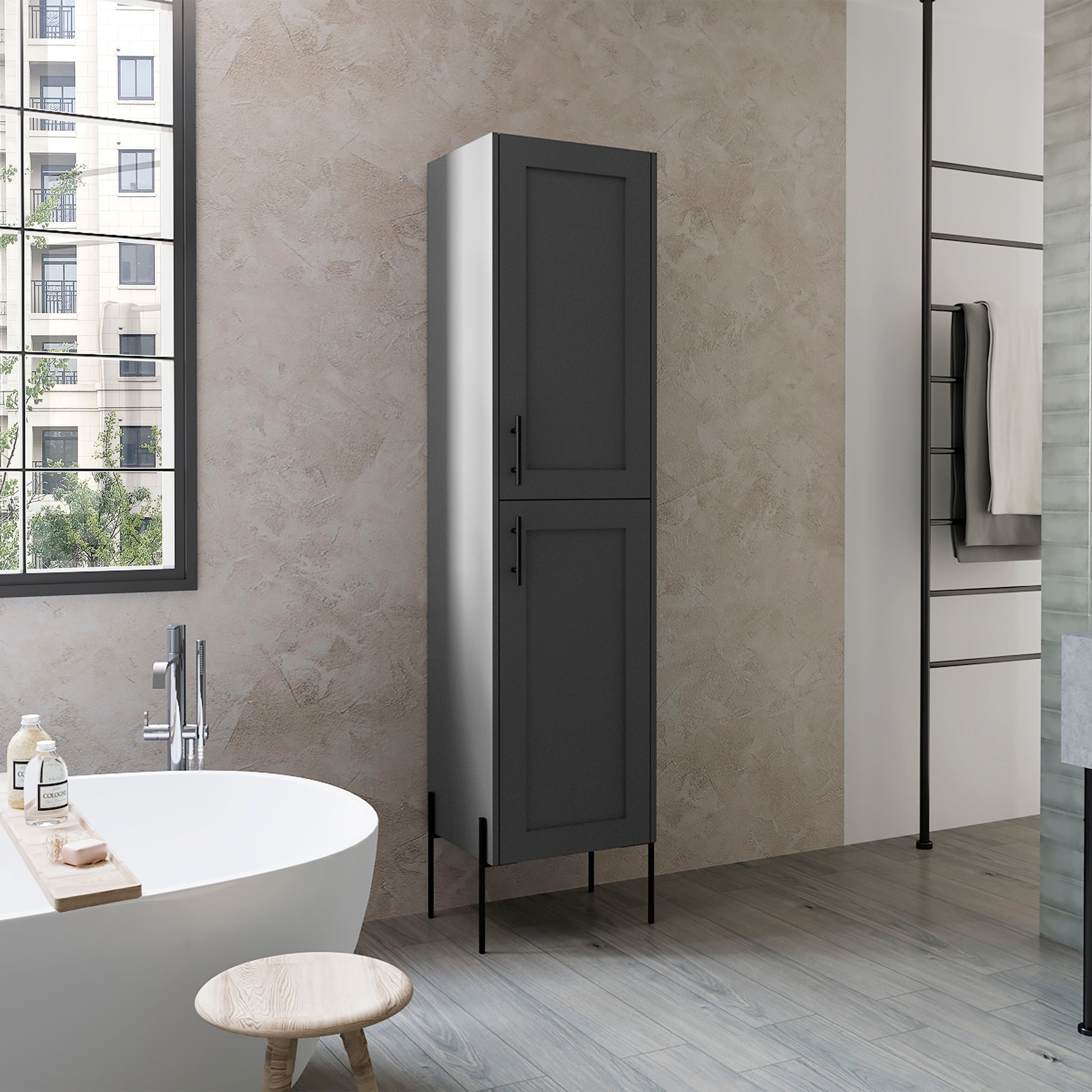 Tall gray bathroom storage cabinet with two doors and black handles
