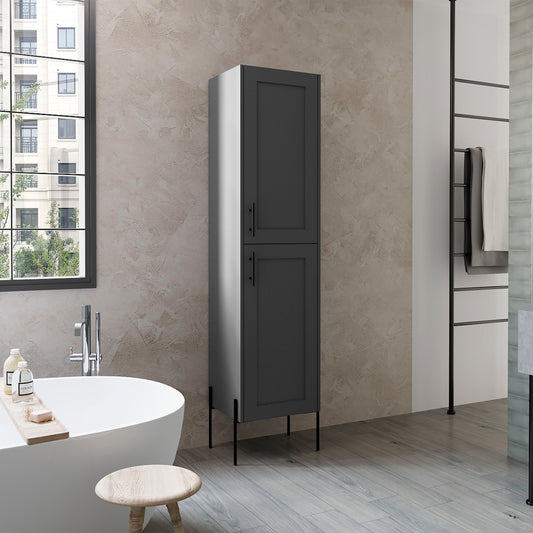 Tall gray bathroom storage cabinet with two doors and black handles