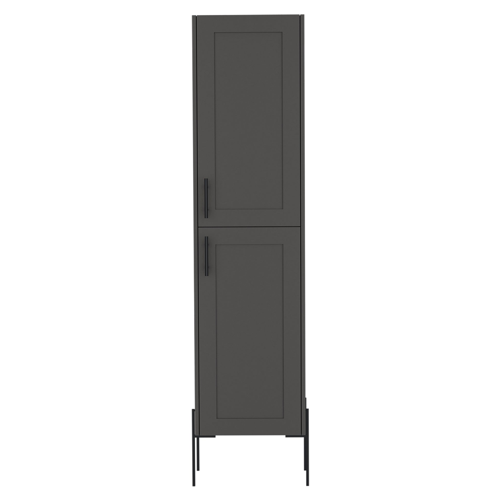 Tall dark gray storage cabinet with two paneled doors and modern black handles