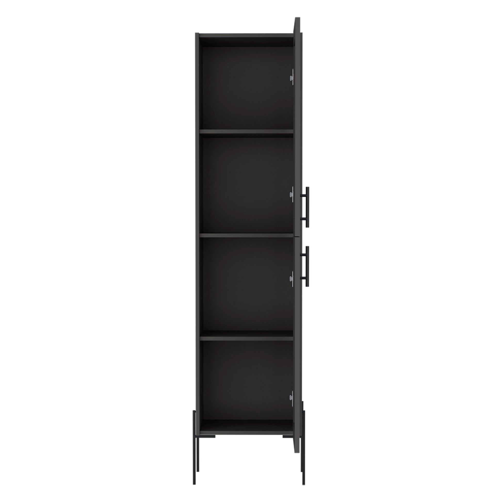 Tall dark gray cabinet with open doors and shelves modern storage solution
