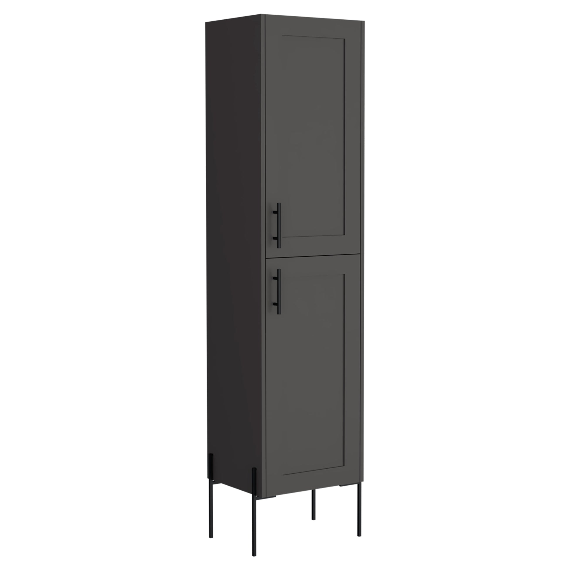 Tall grey storage cabinet with black metal legs and handles