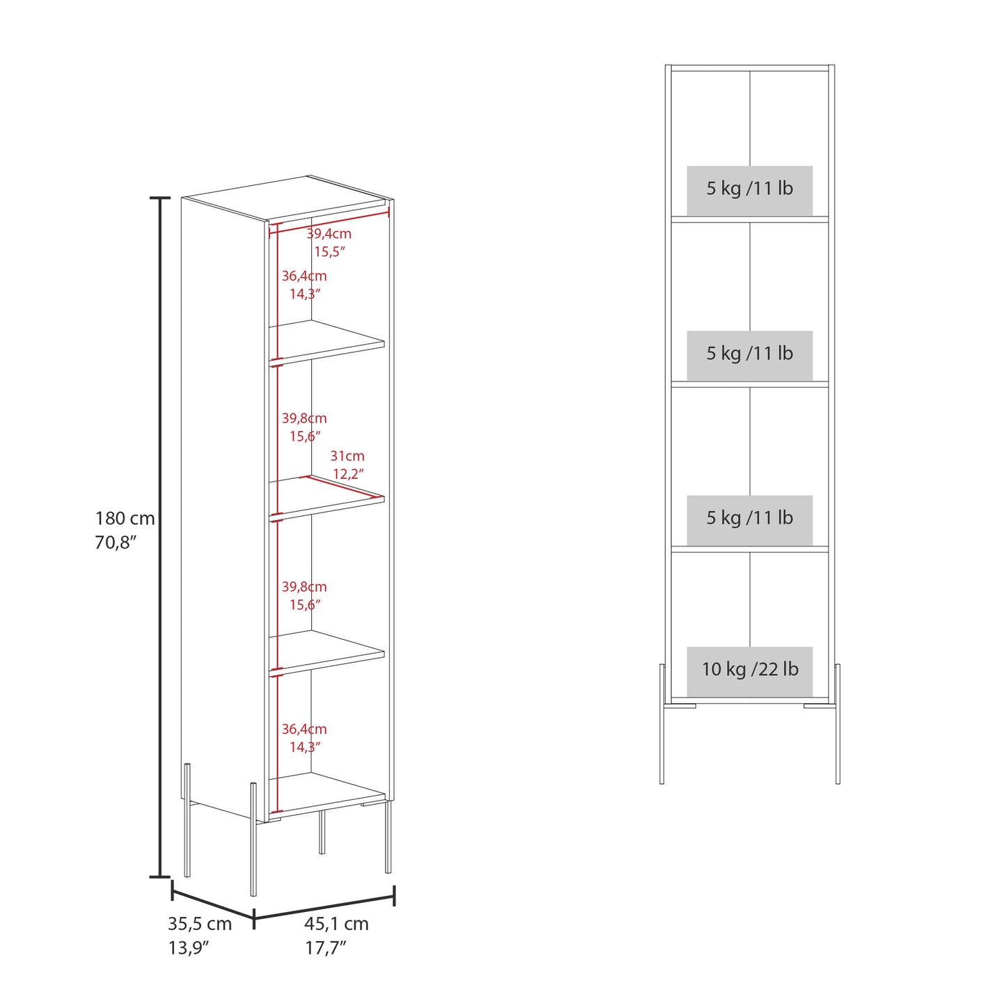 Line drawing of a white tall shelving unit with dimensions indicated