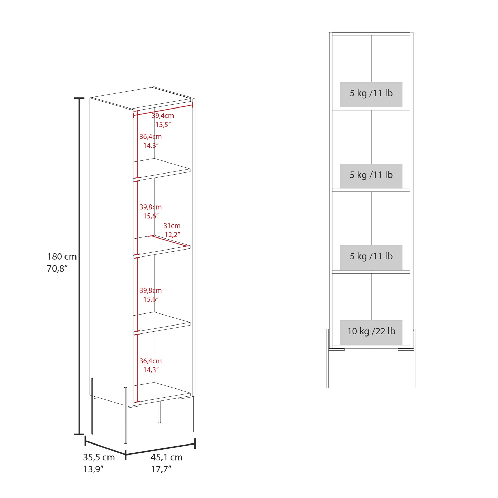 Line drawing of a white tall shelving unit with dimensions indicated