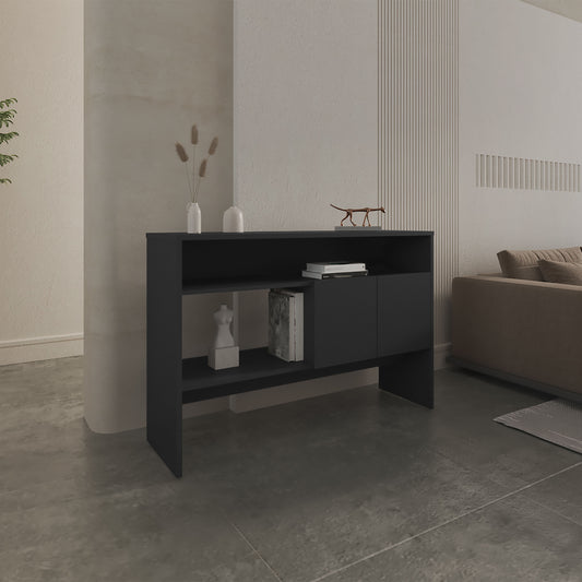 Sleek black media console with open shelves and cabinet doors perfect for modern living rooms