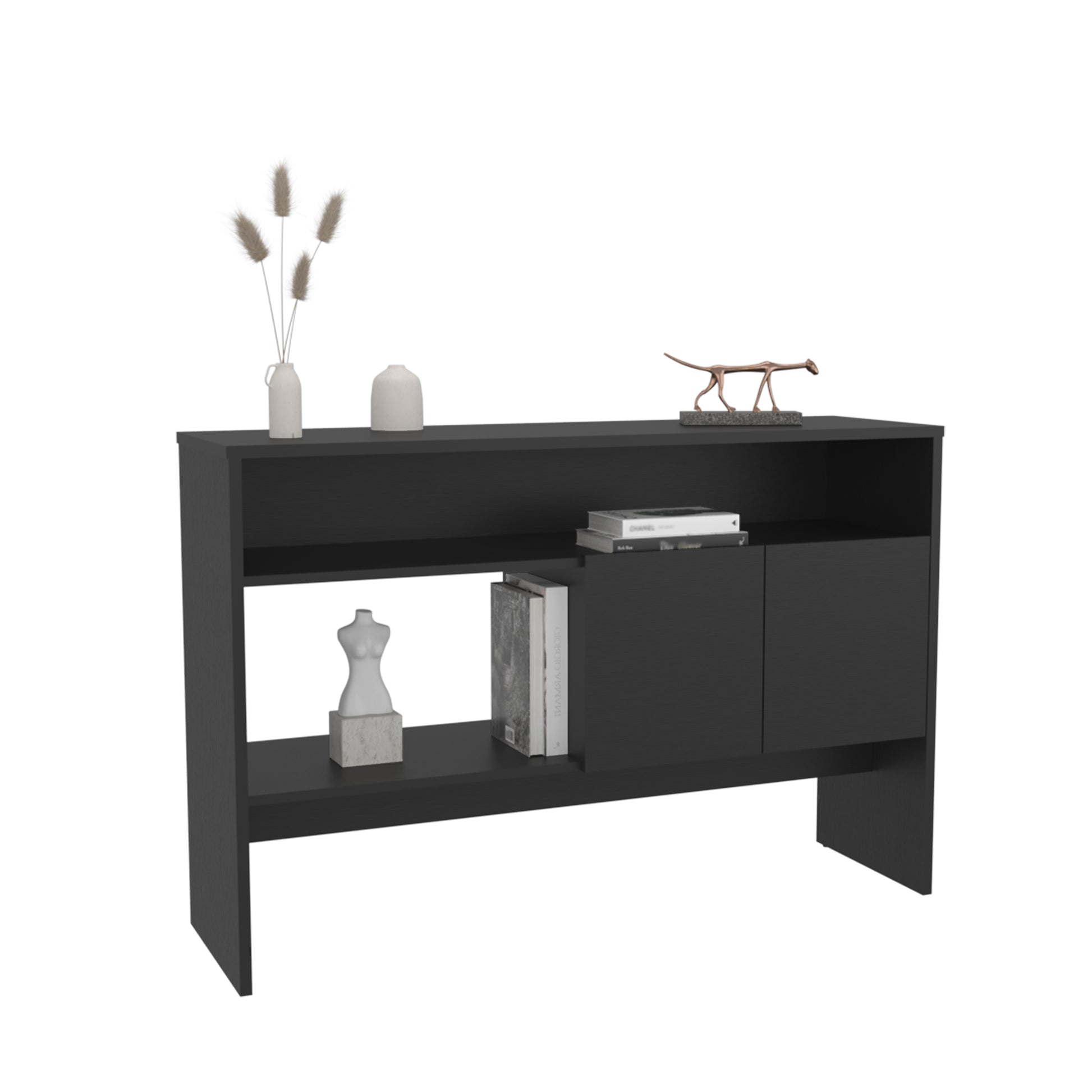 Modern black console table with open shelf and two cabinets for entryways