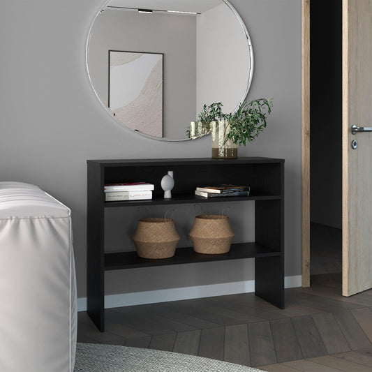 Black twoshelf console table with decorative baskets and books for entryway storage