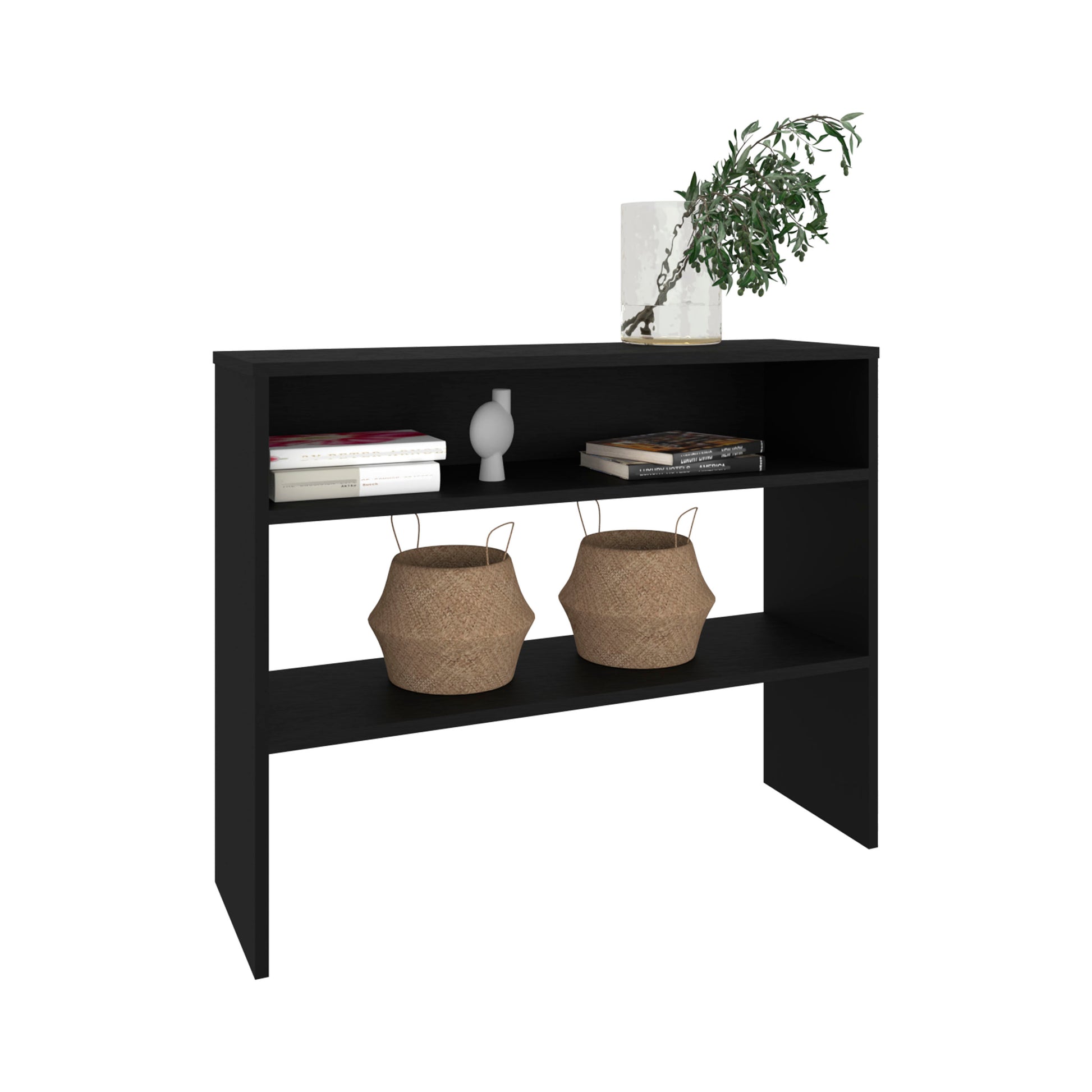 Black modern console table with two shelves and decorative baskets