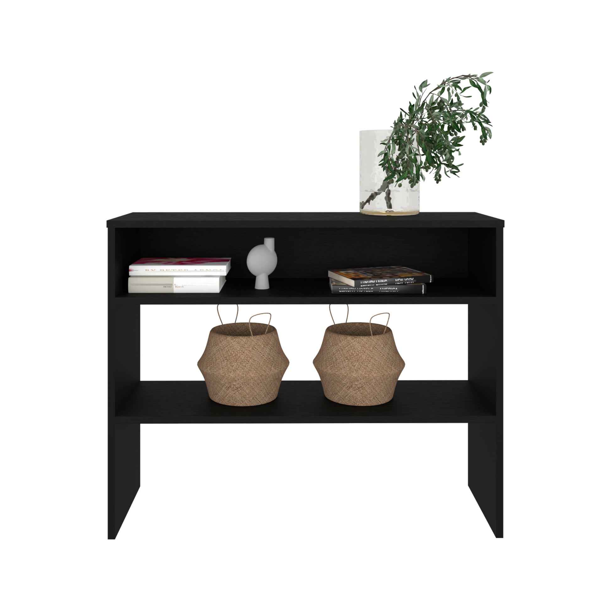 Black modern tier bookshelf with decorative items and baskets for storage