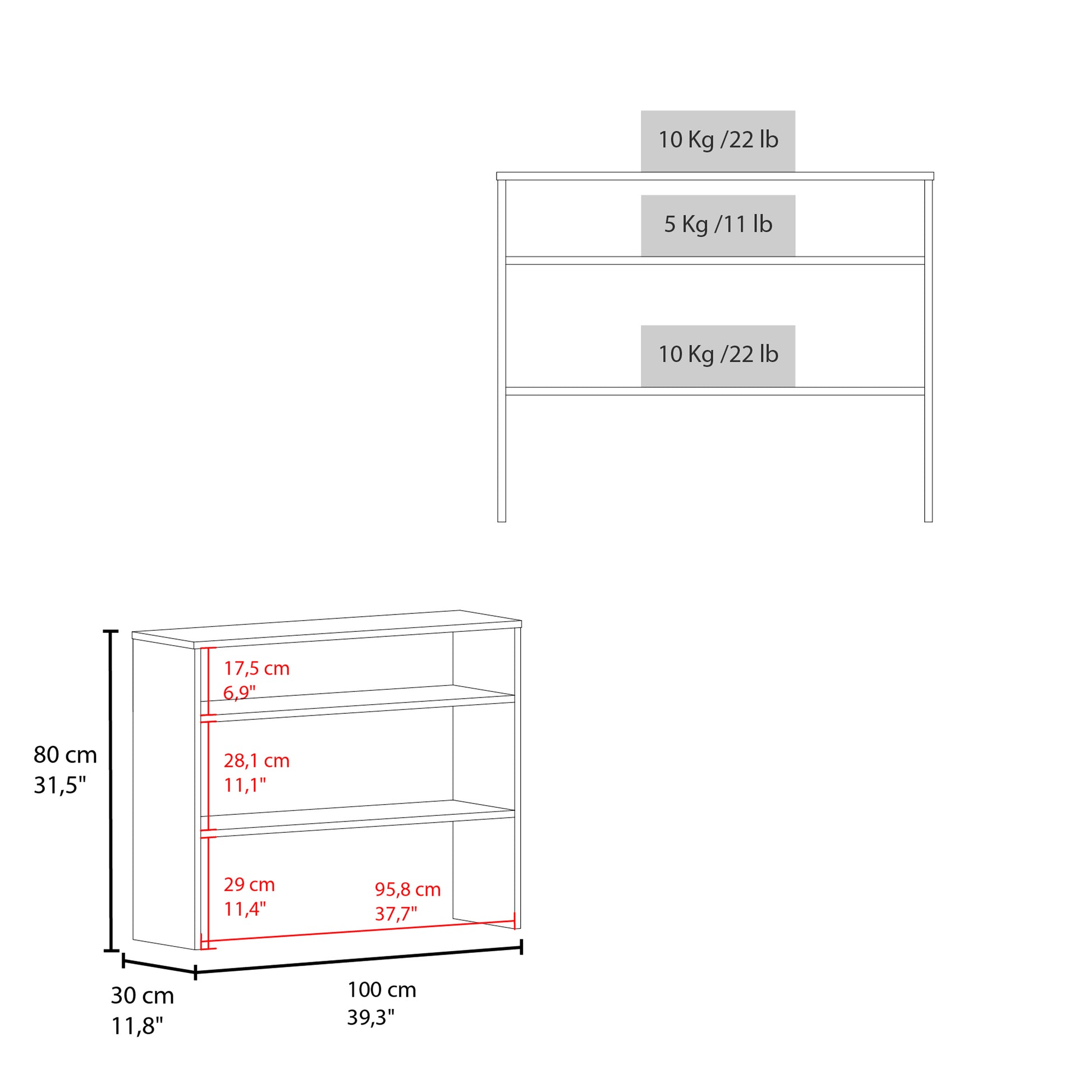 White threeshelf bookcase with dimensions xx cm and load capacity kglb per shelf