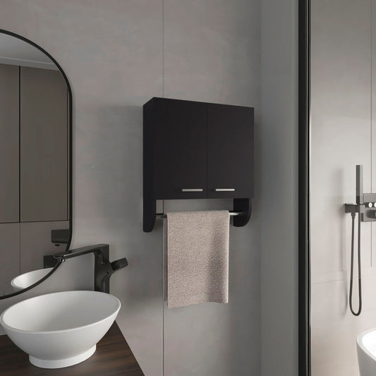 Dark wood grain wall cabinet with towel bar and plush towel for bathroom organization