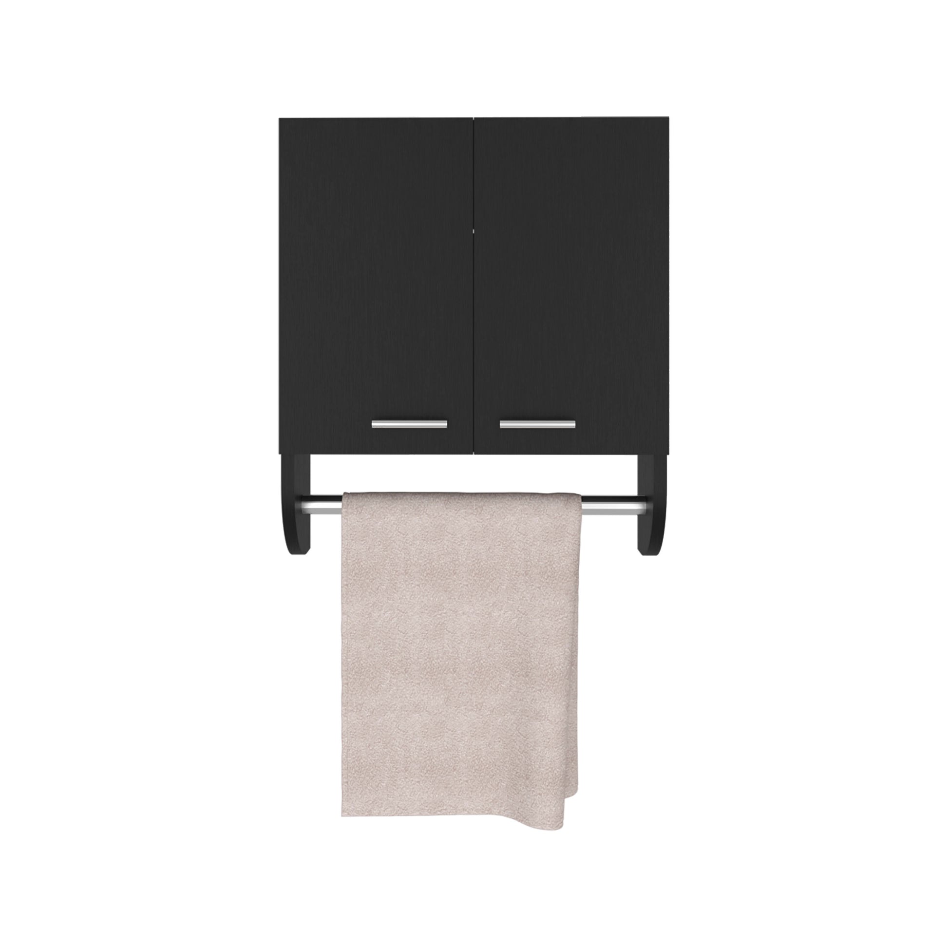 Black modern wall cabinet with brushed nickel handles and a beige towel draped on its bar