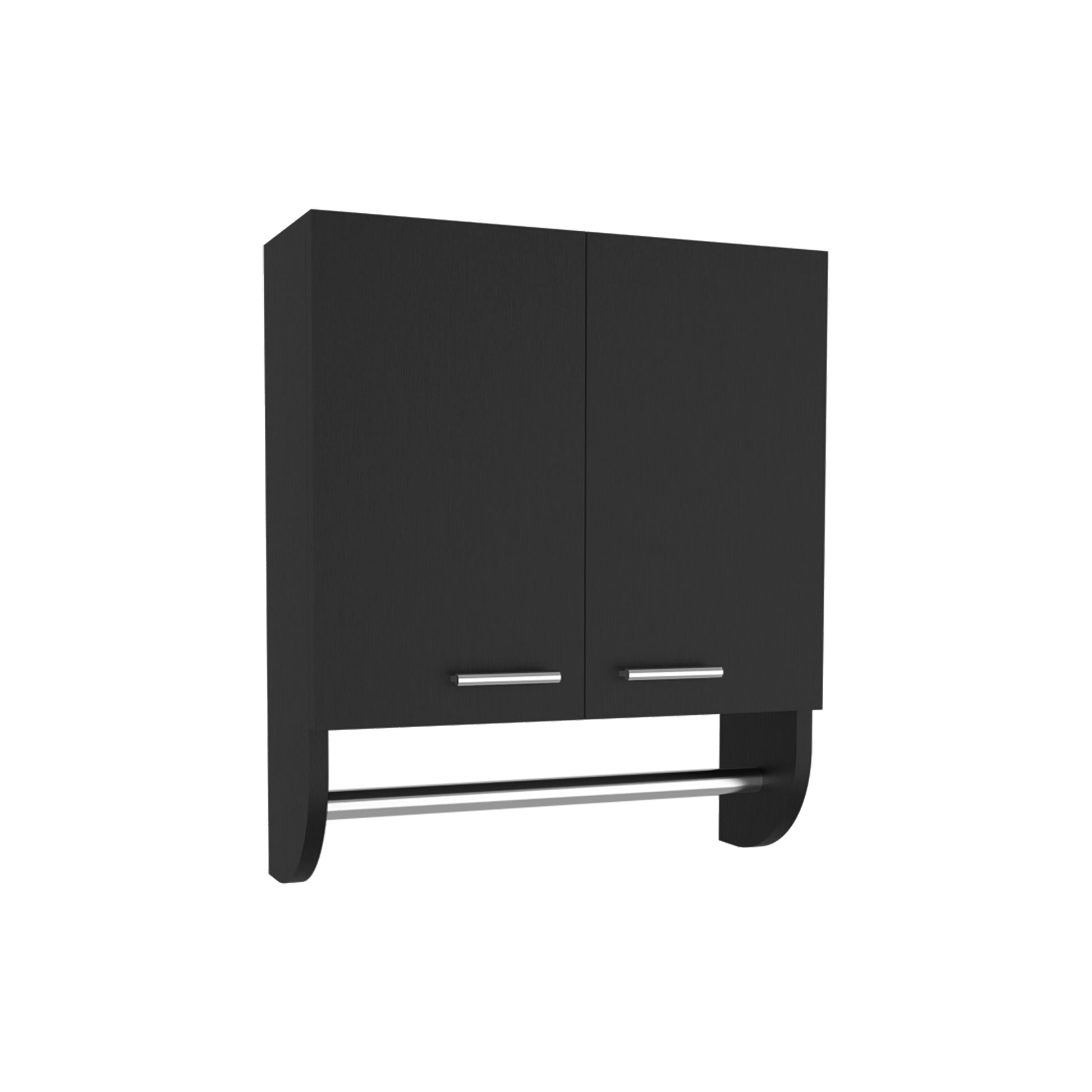 Black wall mounted cabinet with two doors and a towel bar