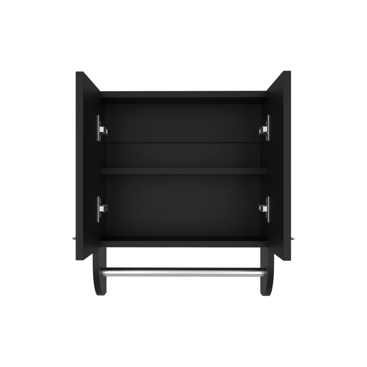 Black modern medicine cabinet with two shelves and a chrome towel bar