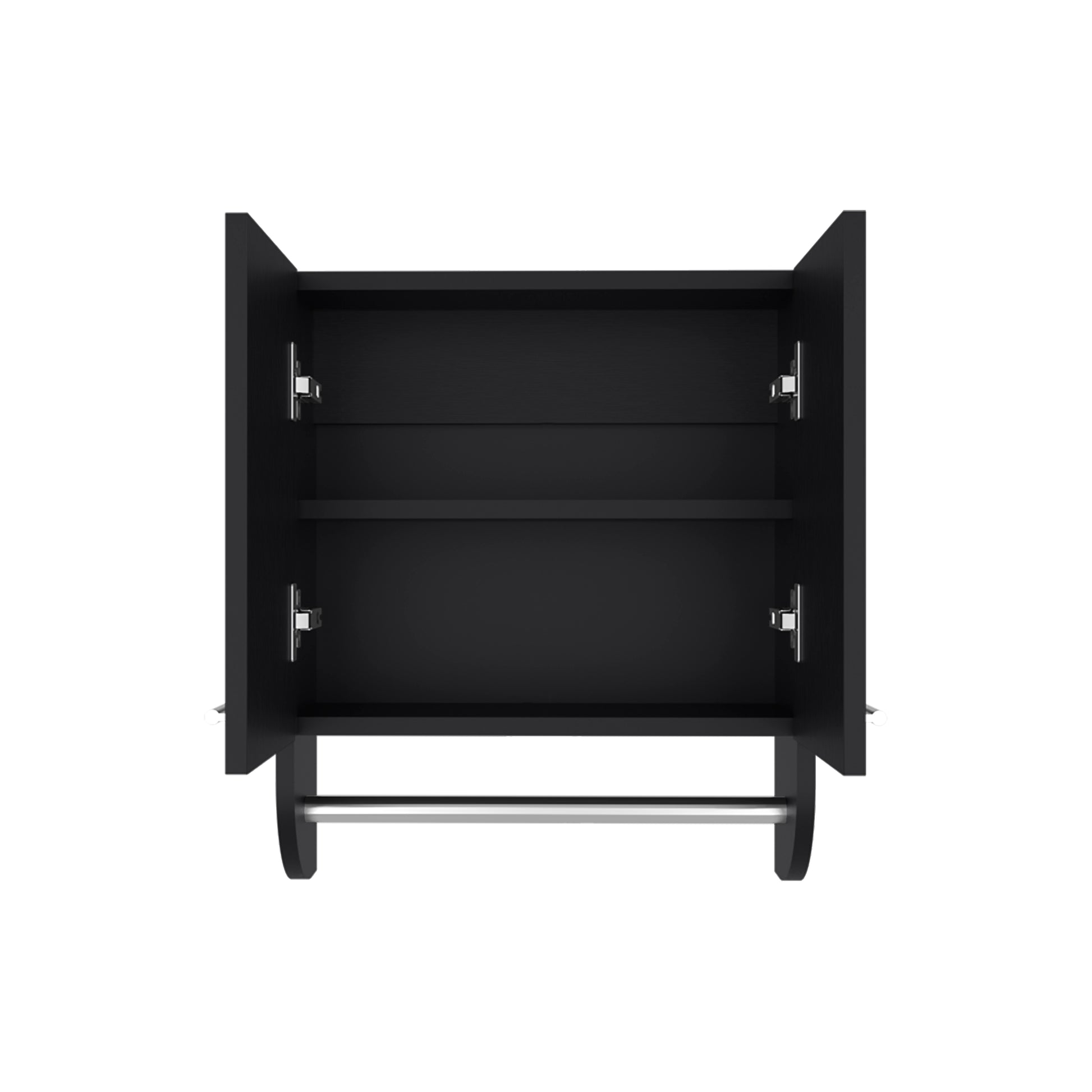 Black modern medicine cabinet with two shelves and a chrome towel bar