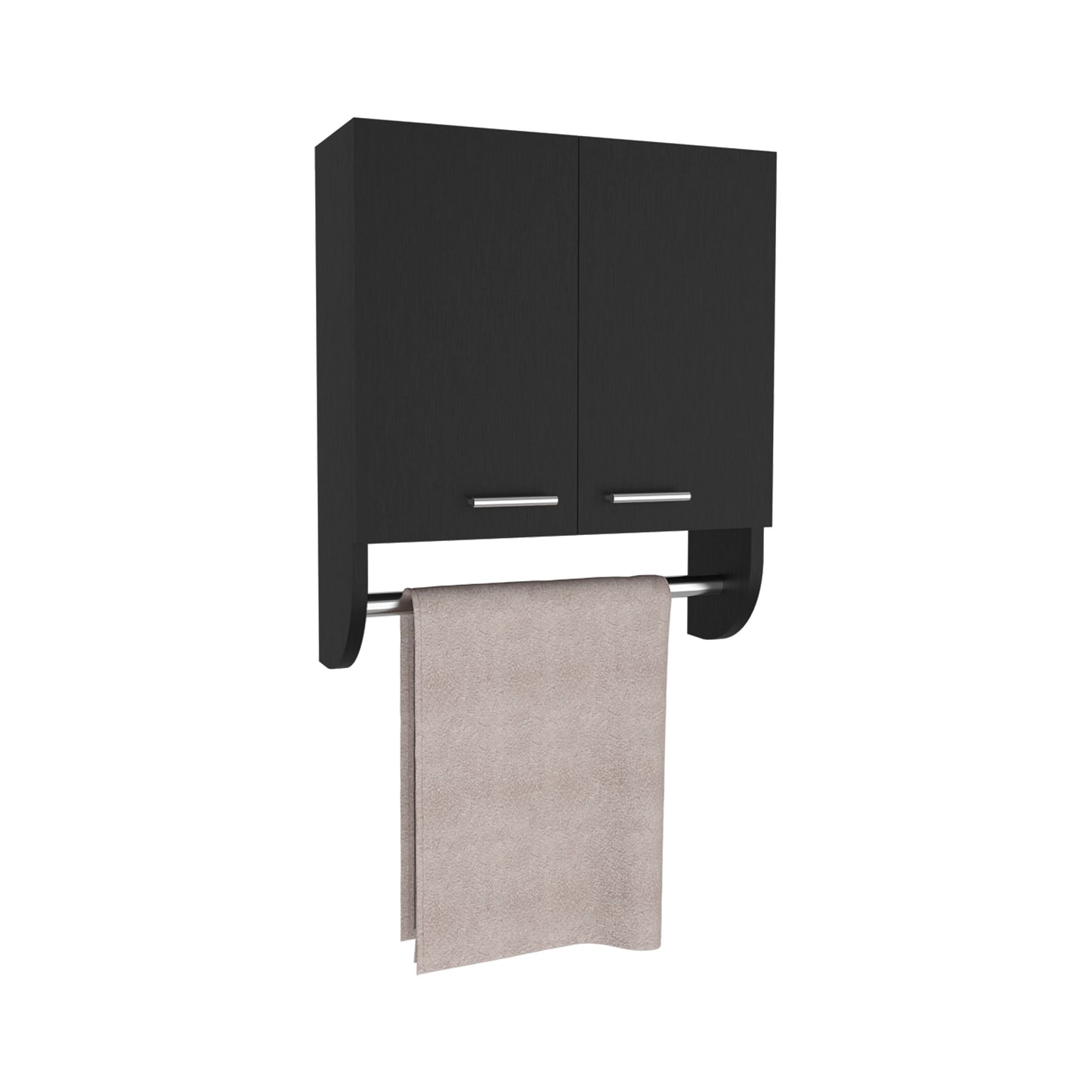 Black modern wall cabinet with integrated towel bar and beige towel