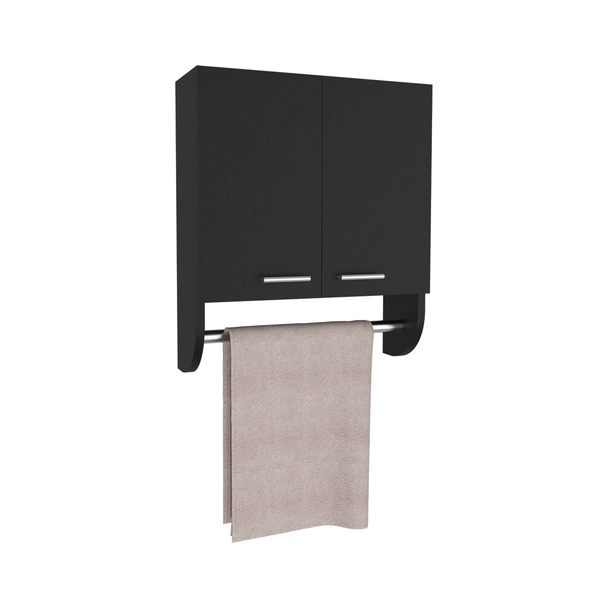 Black modern wall cabinet with integrated towel bar and beige towel