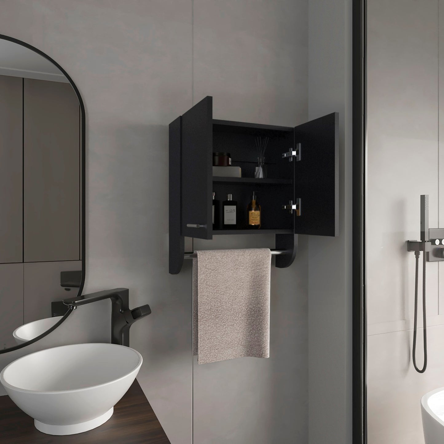 Modern black bathroom medicine cabinet with open doors and towel bar