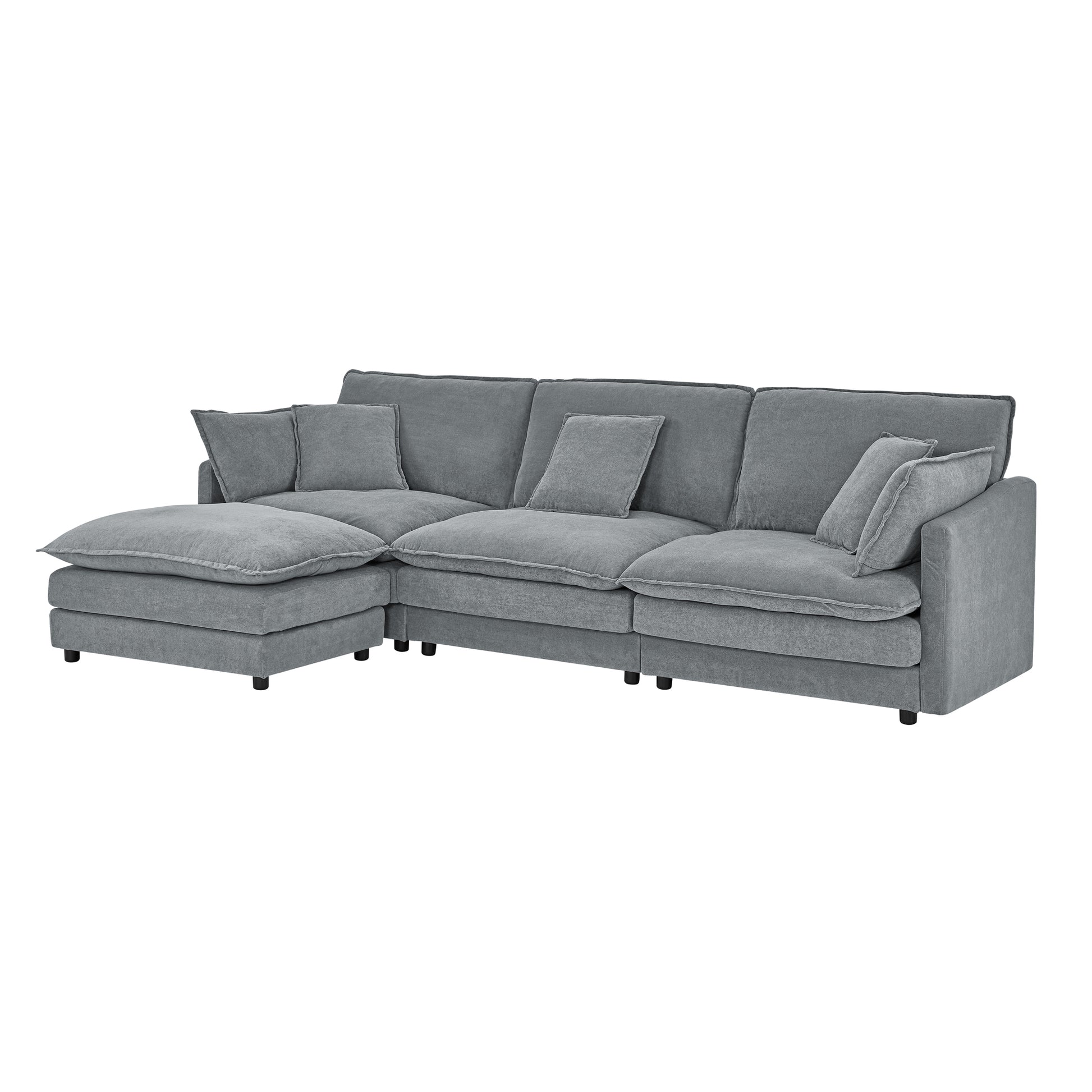 Contemporary grey sectional sofa with plush cushions and chaise lounge for modern living rooms