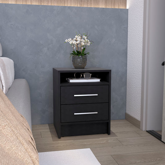 Sleek black nightstand with two drawers and a top shelf ideal for bedroom storage