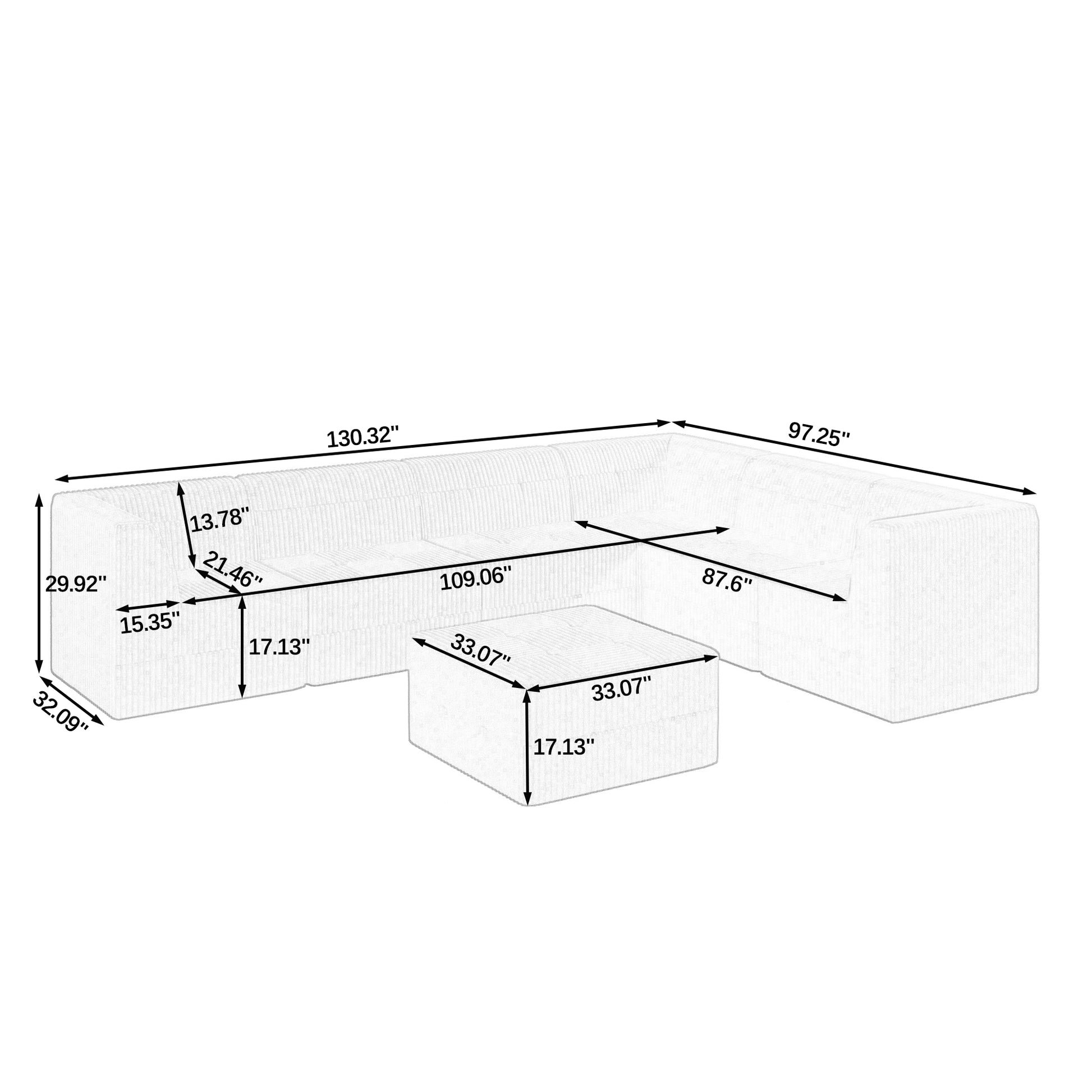 Architectural drawing of sectional sofa with ottoman showing dimensions