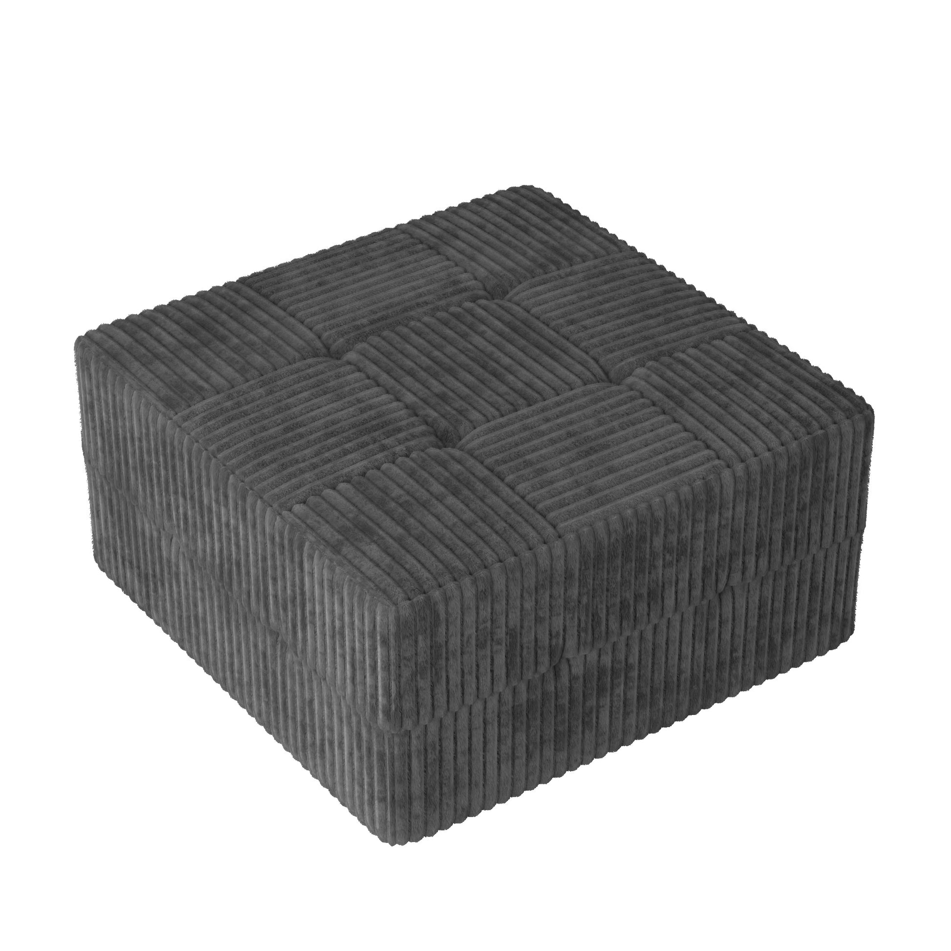 Dark grey corduroy square ottoman with tufted top and textured sides