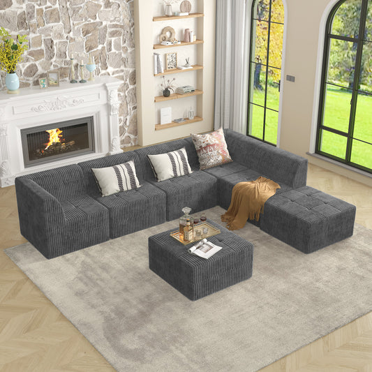 Contemporary charcoal sectional sofa with plush corduroy upholstery creating a cozy living space