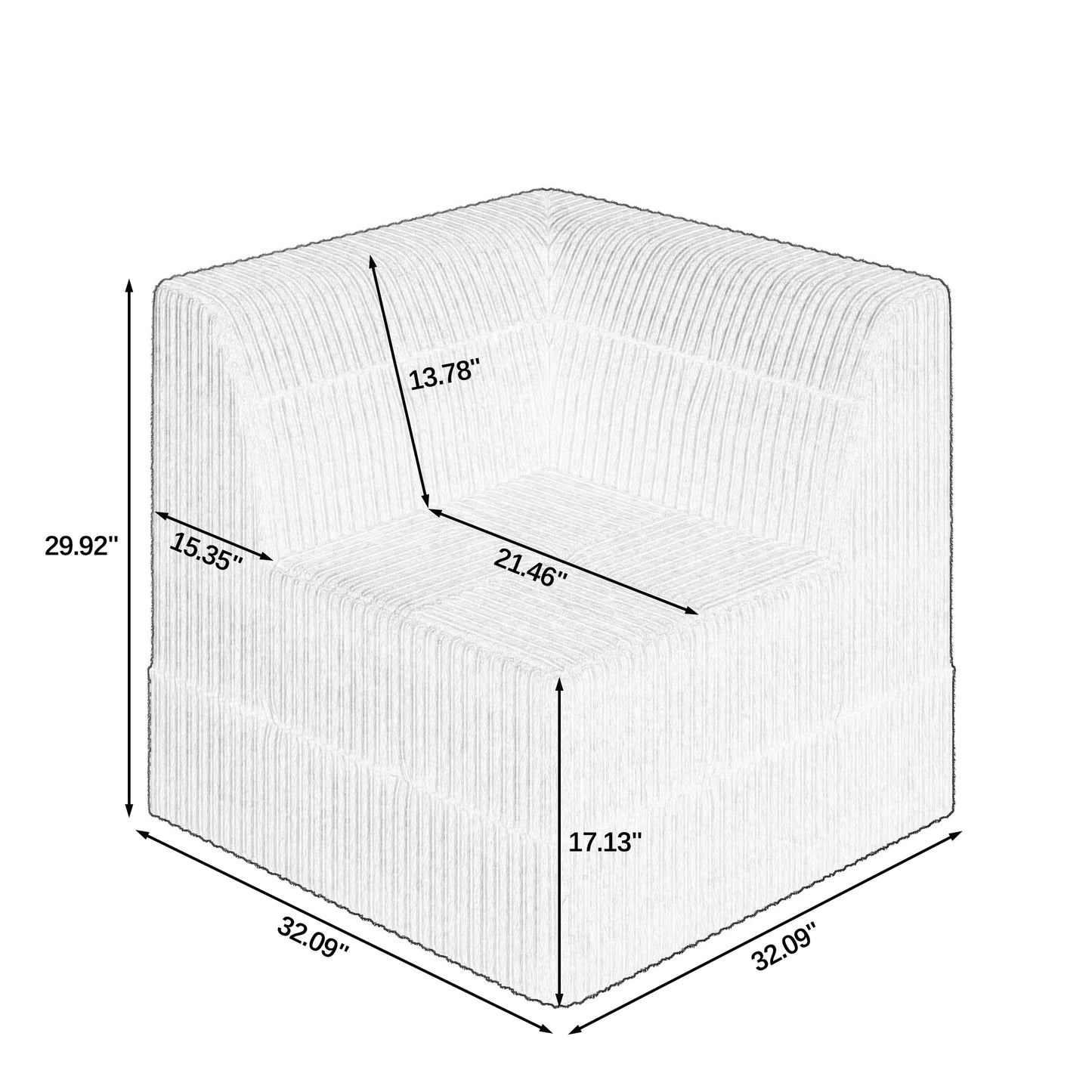 Sketch of a white ribbed armchair showing dimensions  H x  W x  D for this accent chair