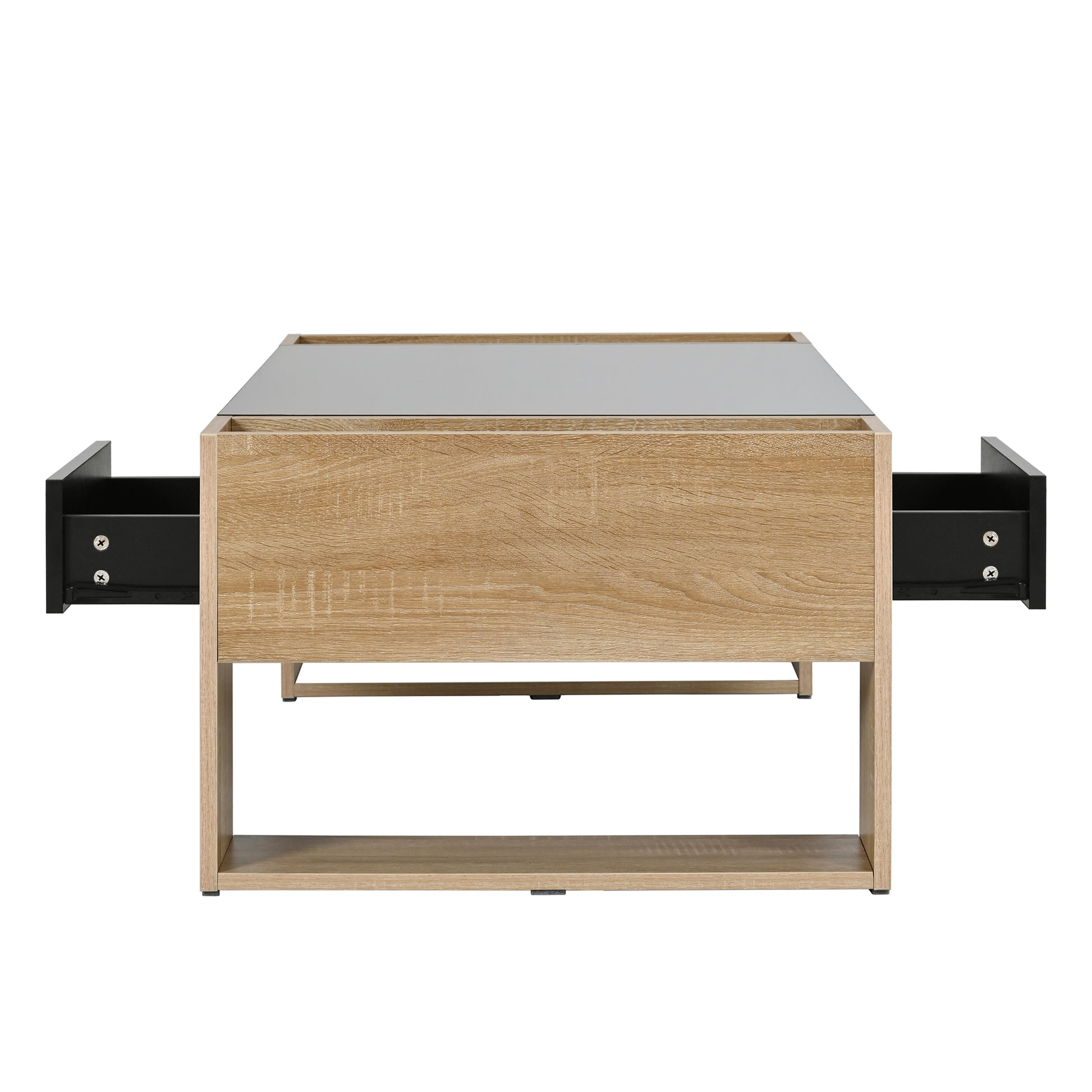 Modern oak wood coffee table with grey glass top and open drawers